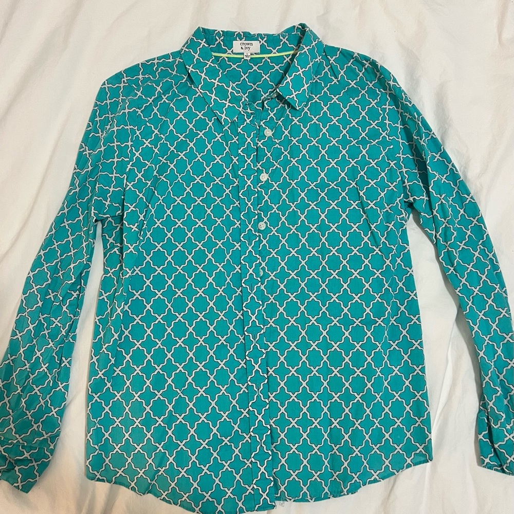 Teal Geometric Long Sleeve Blouse - Crown & Ivy